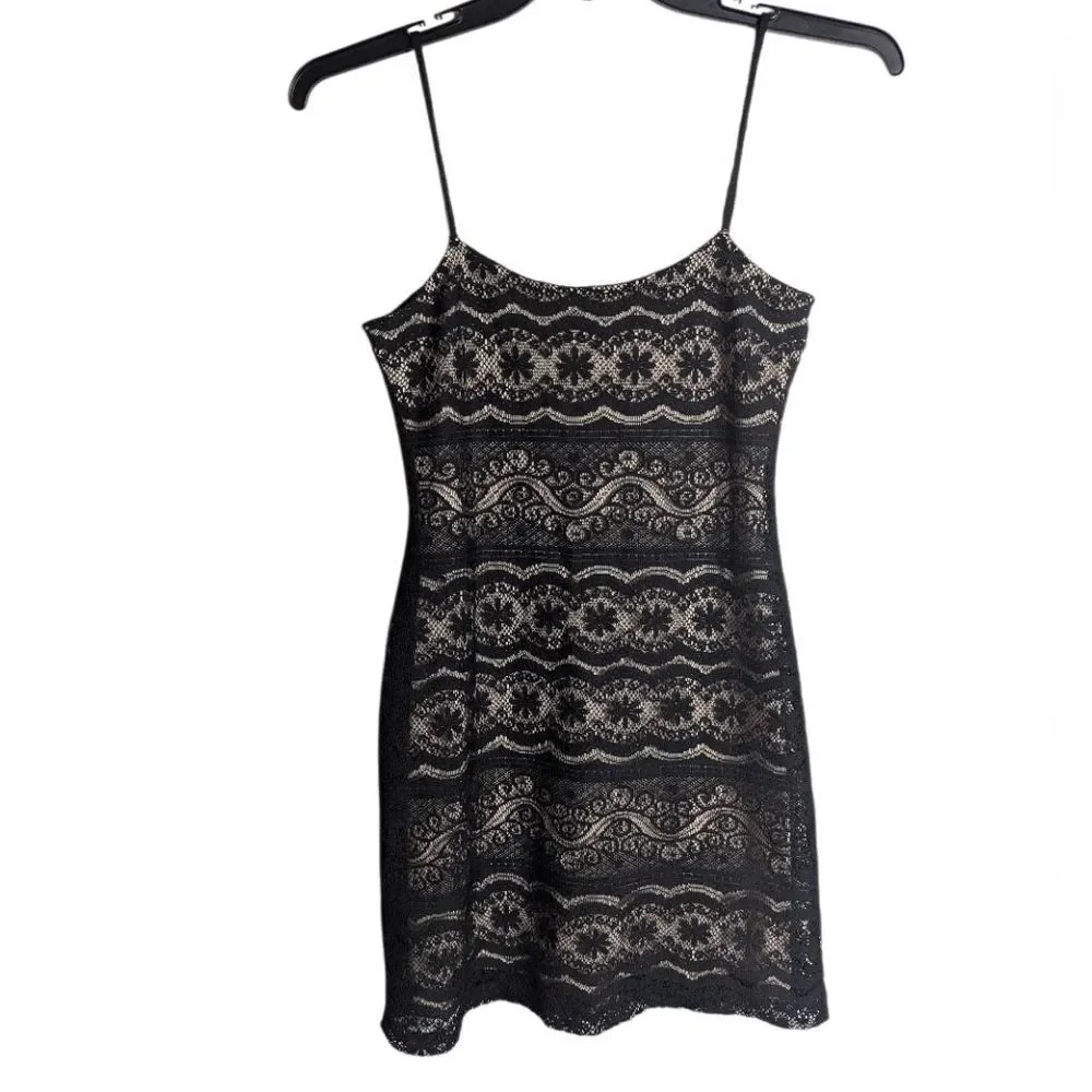 Vintage 90s Poetry Black & Nude Lace Crochet Overlay Slip Mini Dress Juniors M